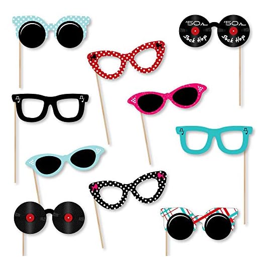 Big Dot of Happiness 50's Sock Hop Glasses - Paper Card Stock 1950s Rock N Roll Party Photo Booth Props Kit - 10 Count