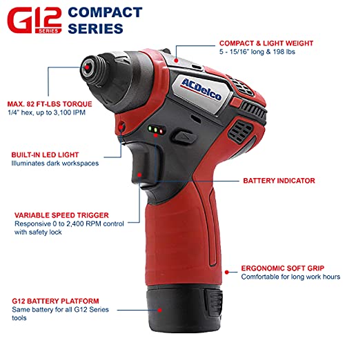 ACDelco ARI12105P G12 Lithium-Ion 12V (10.8V) 1/4" Hex Cordless Impact Wrench Electric Power Tool Kit | Tools Set Includes x2 Batteries & x1 Charger - Afbeelding 3