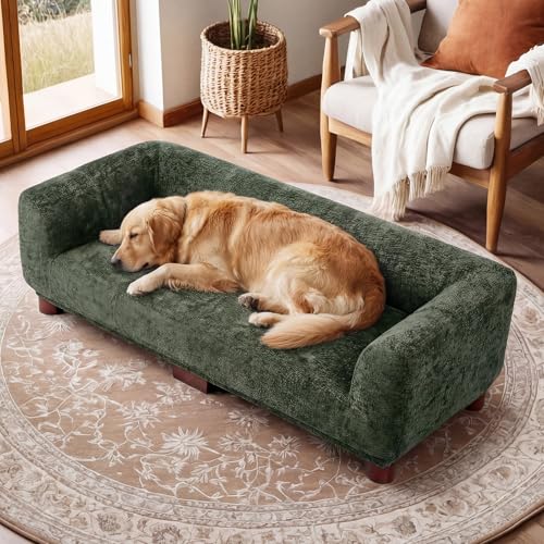 Oakvera Dog Couch Sofa for Large & Extra Large Dogs, Elevated Pet Bed with Legs, Button Tufted Chenille Dog Couch with Backrest and Armrests, Modern Indoor Dog Furniture(Green, XXL - 55" x 28" x 15")