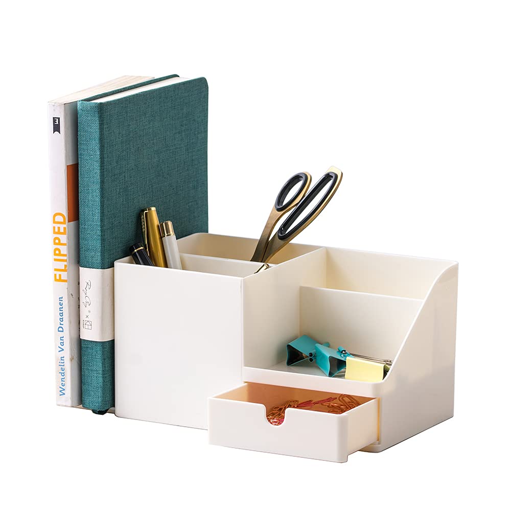 YOSCO Desktop Storage Organizer for Office Supplies Container Pen Holder for Desk Cute Stretch Bookends Pencil Cup Pot for Kids Women Makeup Brush Holder (Creamy-White)