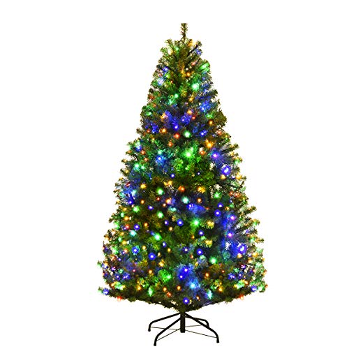 COSTWAY Árvore de Natal com luzes incorporadas, 150 cm, 11 modos de 2 tipos de mudança, 5 cores de 150 luzes LED, árvore de natural com luzes integradas, 600 ramos PVC, árvore de Natal w/Lights (150