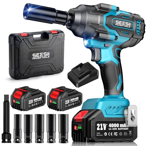 Image of Seesii 1000N.m (738ft-lbs) Cordless Impact Wrench High Torque,1/2" Brushless Impact Gun w/Two 4.0Ah Battery,Fast Charger, 5 Sockets & Storage Case, Electric Impact Wrench for Car Truck,WH760