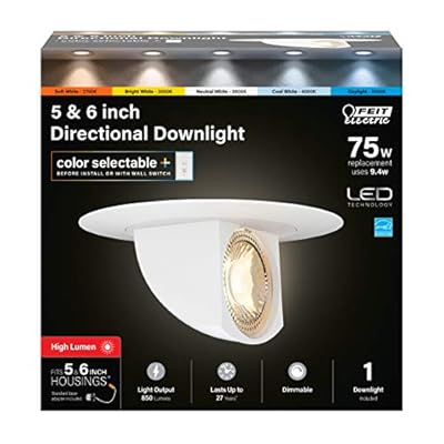 Feit Electric 5-6 inch LED Directional Recessed Downlight, 9.4W (75W Equivalent), 2700K–5000K Selectable Colors, Dimmable, 850 Lumen, 50,000-Hour Lifetime, LEDR56SCP/6WYCA