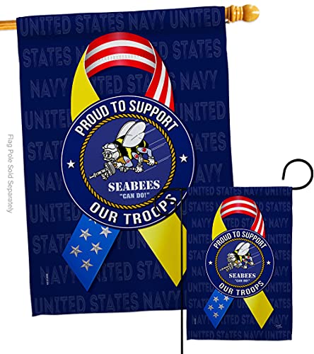 Breeze Decor Support Troops Garden House Flag-Set Armed Forces Navy USN Seabee United State American Military Veteran Retire Official Banner Small Yard Gift Double-Sided, Made in USA