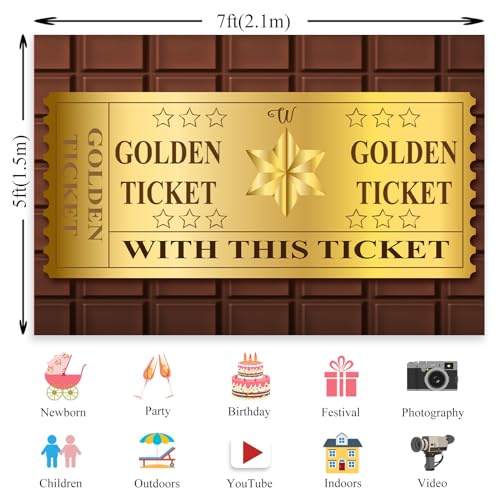 QICAIYUN 7x5ft Candy Photography Backdrop Chocolate Golden Ticket Candy Birthday Photography Background for Kids Girls Birthday Baby Shower Party Decorations Banner Photo Props Supplies YUNBYC356
