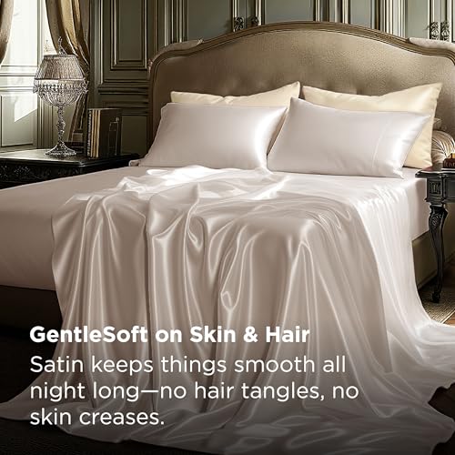 Image of Bedsure Beige Satin Sheets Queen Size, Soft Silky Bedsheet for Hair & Skin
