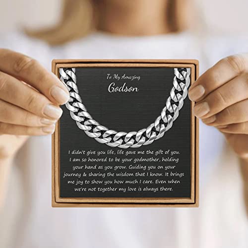 Image of JoycuFF Gifts for Godson from Mom Dad for Birthday Graduation Necklace Inspirational Men Cuban Link Chain Silver Stainless Steel Hip Hop Chain 10MM 18 Inches