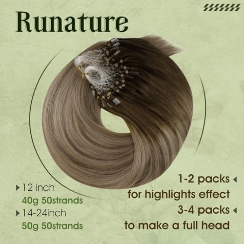 RUNATURE Micro Beads Hair Extensions Real Human Hair Blonde Ombre Micro Ring Hair Extensions Brown Balayage Invisible Micro Ring Hair 22 Inch 50g 1g/Strand #3/8/22 - Image 2