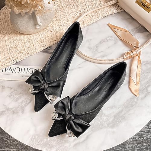 Women's Satin Bow-Knot Ballet Flats Fashion Pointed Toe Rhinestone Comfortable Slip On Soft Dress Shoes Work Party Wedding Flat Shoes4