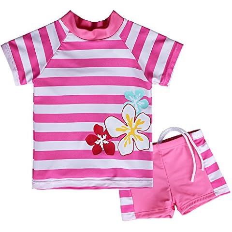 HUANQIUE Girls Cute Swimsuit Red and White Stripe Swimming Costume Printing Flower Swimwear (HotPink, 4-5Y(Tag No.116/122)) Cover