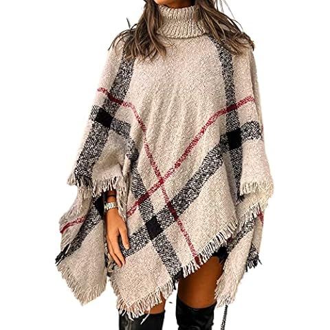 CUPSHE Jersey casual a cuadros de cuello alto Poncho de invierno Dolman de manga larga suéter de ajuste relajado Cover