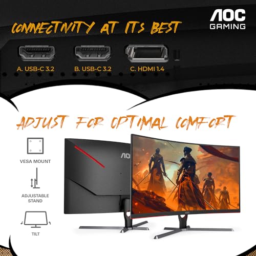 Image of AOC CQ32G3SE 32 inch Curved Gaming Monitor 2K QHD 2560x1440, 1000R, 165Hz 1ms, AMD FreeSync Premium, 3-Year Zero Dead Pixel Guarantee,Black