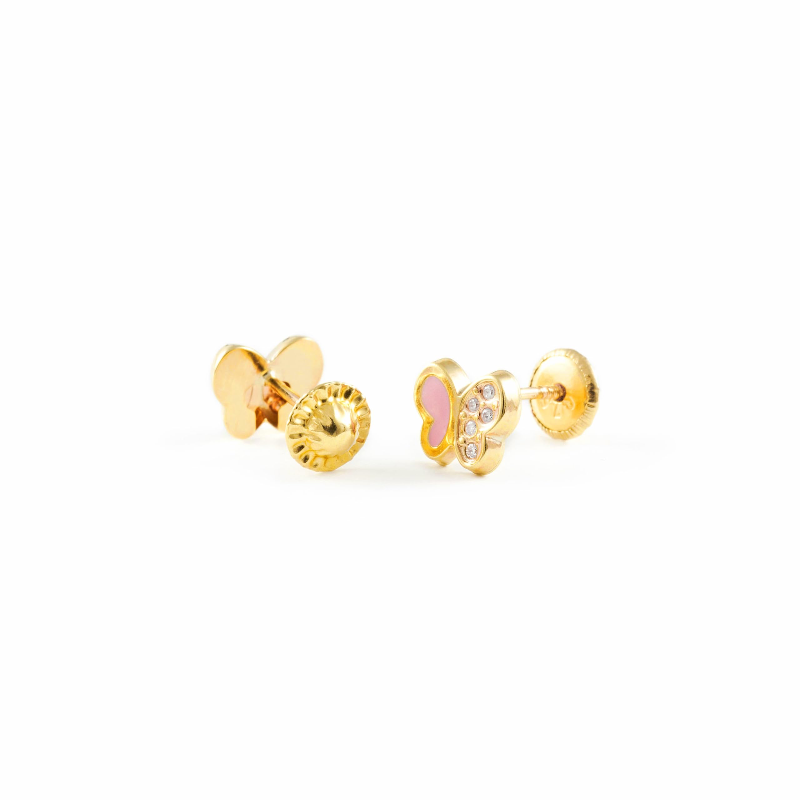 Damen & Kinder rosa Schmetterlings Ohrstecker - Gelbgold 9 Karat (375) - Geschenkbox - Garantiezertifikat