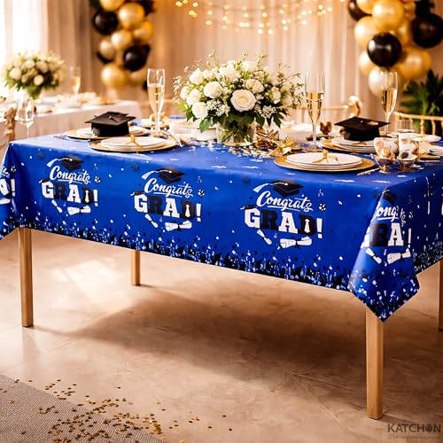 Image of Graduation Tablecloth, Graduation Decorations 2026, Pack of 3, 54 x 108 Inches, Plastic Graduation Table Decorations 2026, Disposable Rectangle Blue Black Table Cover, Congrats Grad Table Cloths