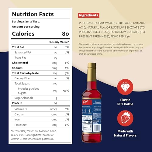 Image of Torani Strawberry Syrup for Drinks, Flavoring for Iced Tea, Lemonade, and Sodas, Pump Included, 25.4 Oz