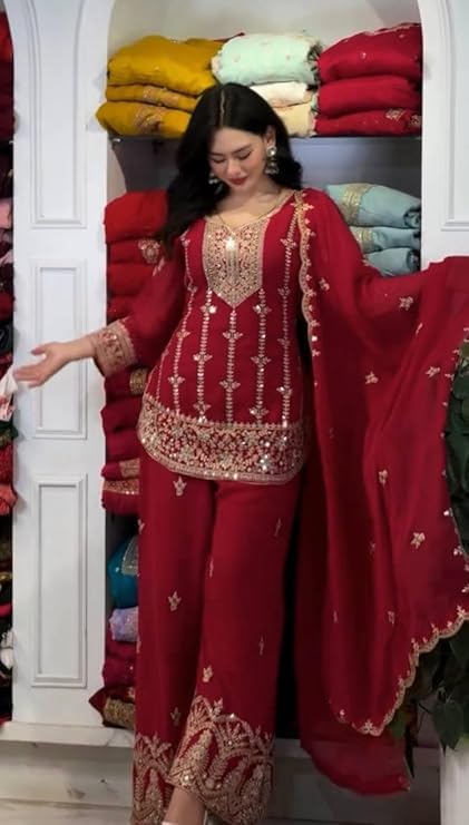 Image of Women's Fancy Heavy Fox Georgette With Heavy Embroidery Work With Borders Less Work Sleeve With Fancys Latkan Dori Kurta Set with Dupatta For Wedding