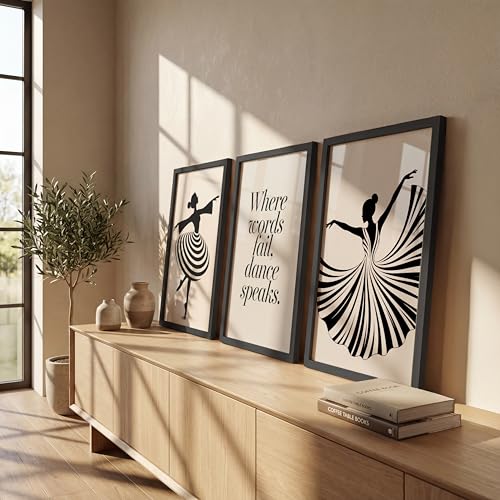 Image of NoWorries Minimalist Ballet Dancer Wall Art Framed Painting Set of 3 | Black & White Dance Silhouette Prints with Frame | inchWhere Words Fail, Dance Speaks inch Quote | Modern Aesthetic Ballet Decor Frames for Living Room, Bedroom and Studio, Framed Artwork Ready to Hang (Art-10, 10x13inch, Wooden)