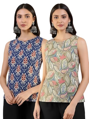 T-shirt sans manches col rond en coton pour femme débardeur imprimé bleu taille L lot de 2