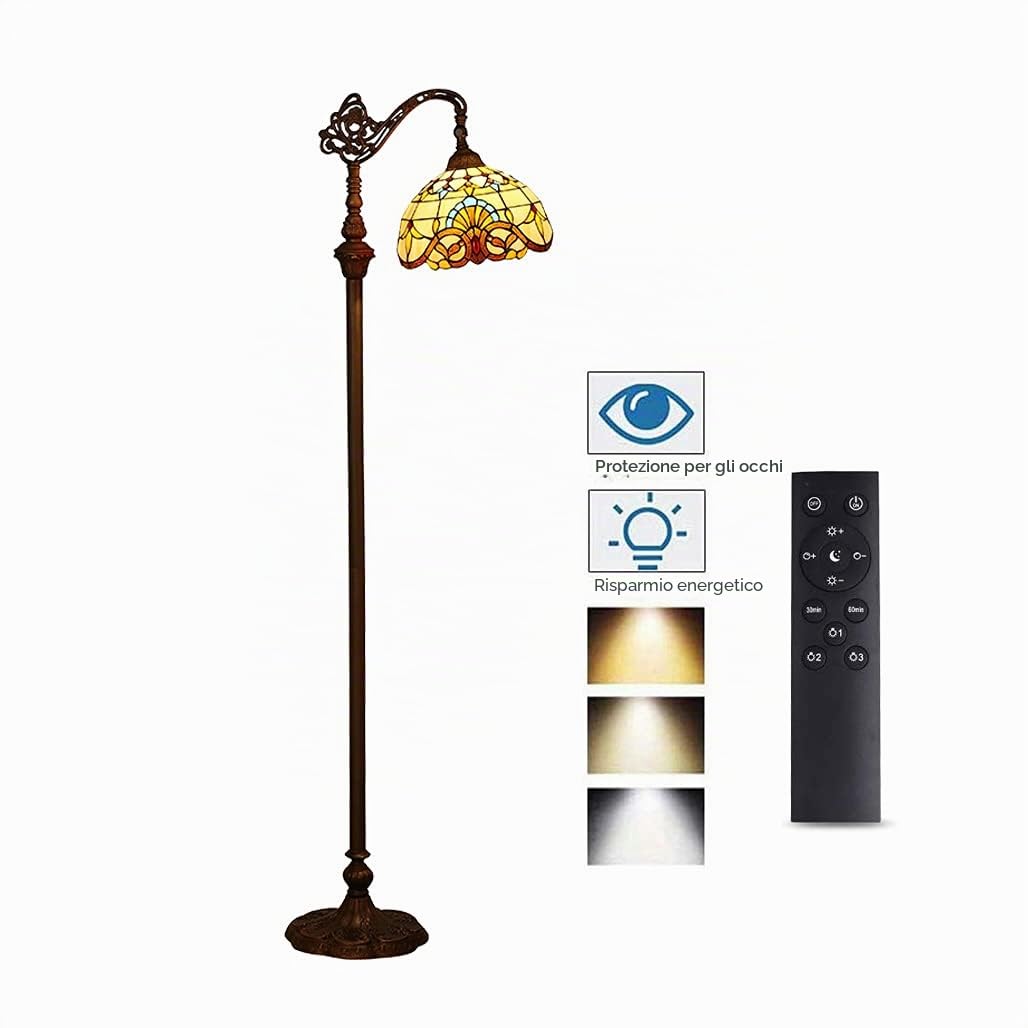 12W LED Lampada da Terra Soggiorno Dimmerabile,Tiffany Regolabile Vintage Lampada a Stelo,E27 Vetro Lampada da Lettura per Camera da Letto Studio Ristorante,con Telecomando,H165cm,c