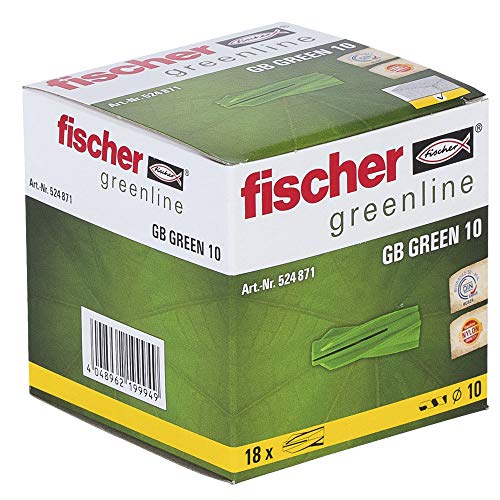 fischer GB Green 10 - Tacos para hormigón celular (mínimo 50% de materias primas renovables para fijar sistemas de buzón, instalaciones eléctricas en hormigón celular, 18 unidades), color verde