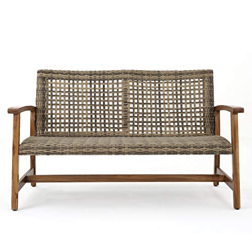 Great Deal Furniture Marcia Outdoor Wood and Wicker Loveseat, Natural Finish with Gray Wicker