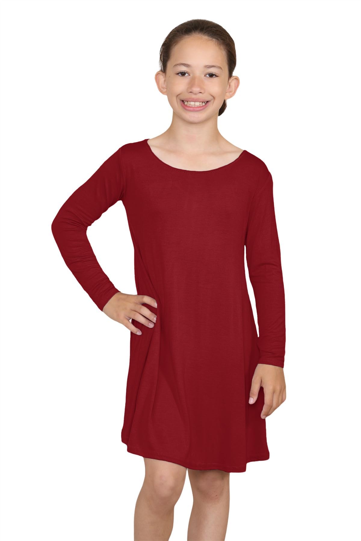 Girls Long Sleeve Mini Dress, Classic Round Neck Flared Summer Swing Dress, Ideal Girls Dresses for Parties and Everyday Outfits