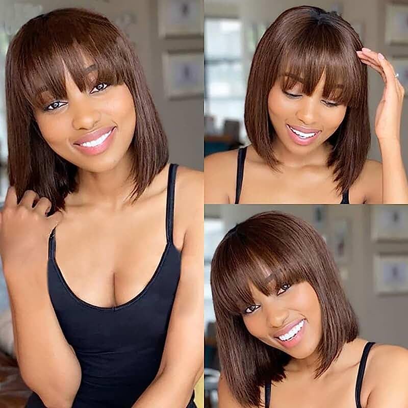 Joedir Short Human Hair Wig with Bangs Straight Bob Wigs for Women Highlights Brown Bob Wig Human Hair 10 Inches Straight None Lace Front Glueless Wigs for Daily Wear - Image 2