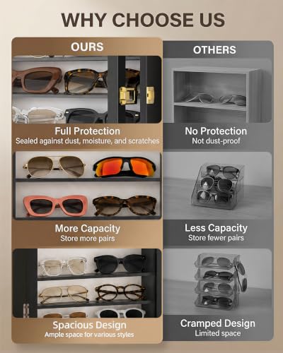 Image of TJ.MOREE Sunglasses Organizer Storage Wall Mounted: 13 x 15.6 inches Eyewear Display Case 6 Tier Rustic Wood Eyeglasses Holder Large Glasses Storage Box,Black