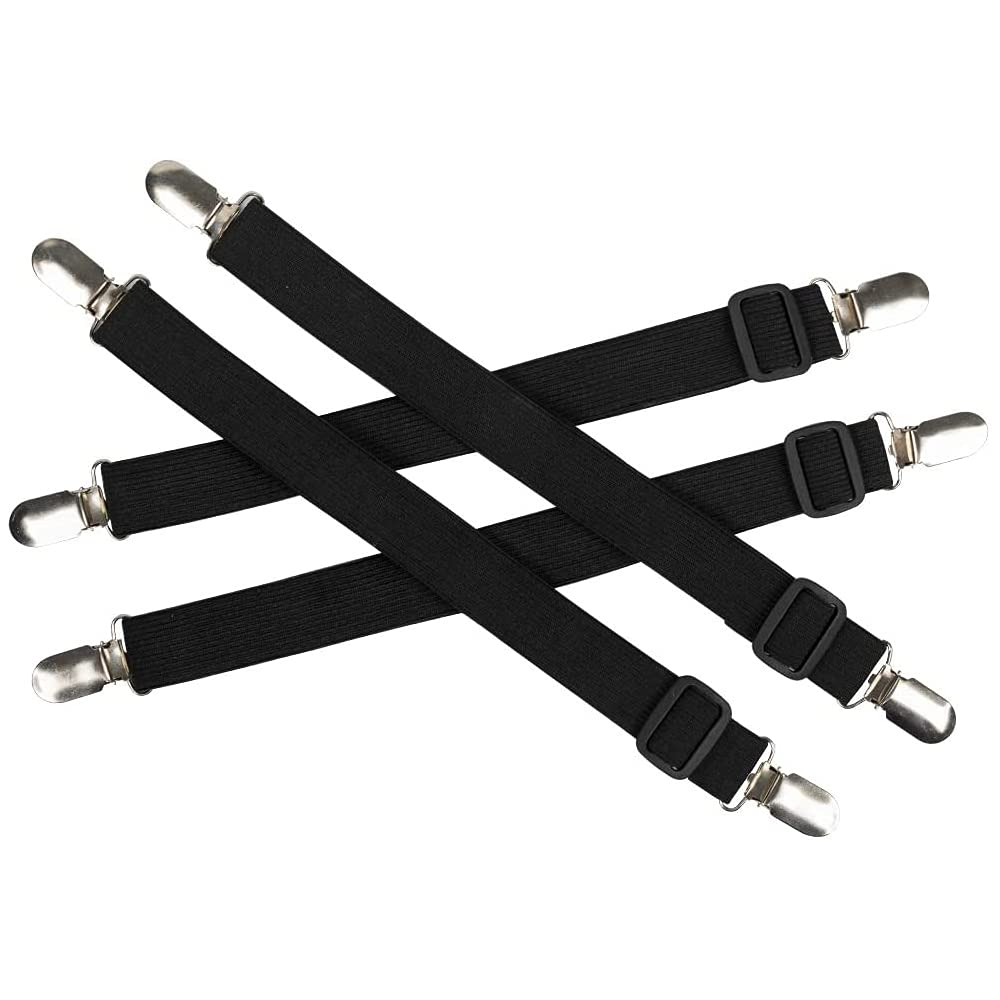Ancllo Black Set Of 4Pcs Adjustable Bed Sheet Fasteners Suspenders,Fitted Sheet Clips Sheet Garters Sheet Grippers With Elastic Holder Straps,