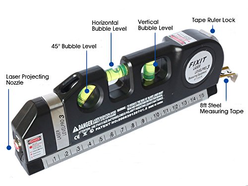 LevelPro3 3 in 1 Precision Laser Level Marker with 8ft Measuring Tape Ruler Scaled in Standard and Metric Measurement including 3-way Level Bubble