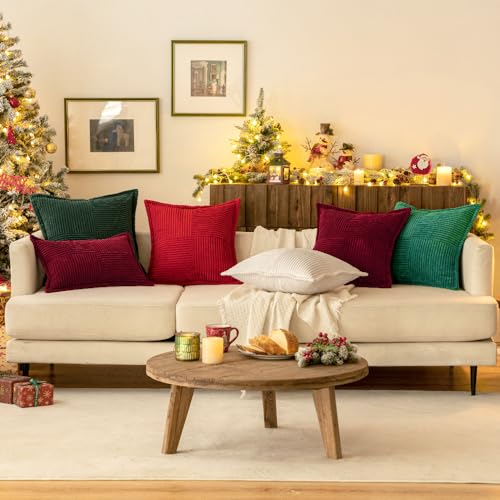 Image of MIULEE Decorative Euro Sham Throw Pillow Covers for Couch Bed Livingroom 24x24 Inch Set of 2 Red Boho Accent Throw Pllows Broadside Striped Patchwork Soft Corduroy Pillowcases