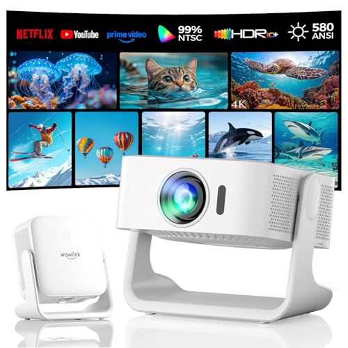 [Smart TV OS & HDR10+ & 3D Suono] Proiettore 4K con WiFi 6 e Bluetooth 5.4, Built-in Smart OS & Apps & Altoparlanti Doppi, 1080P Native Auto Focus & Keystone, Proiettore Home Movie - Bianco