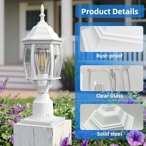 Image of 17 inch White Outdoor Post Light Fixture, Pole Mount Outside Light for Garden Entrance Driveway White Pillar Lantern 17 Inch Pier Mount Outdoor Lamp Post for Front Yard