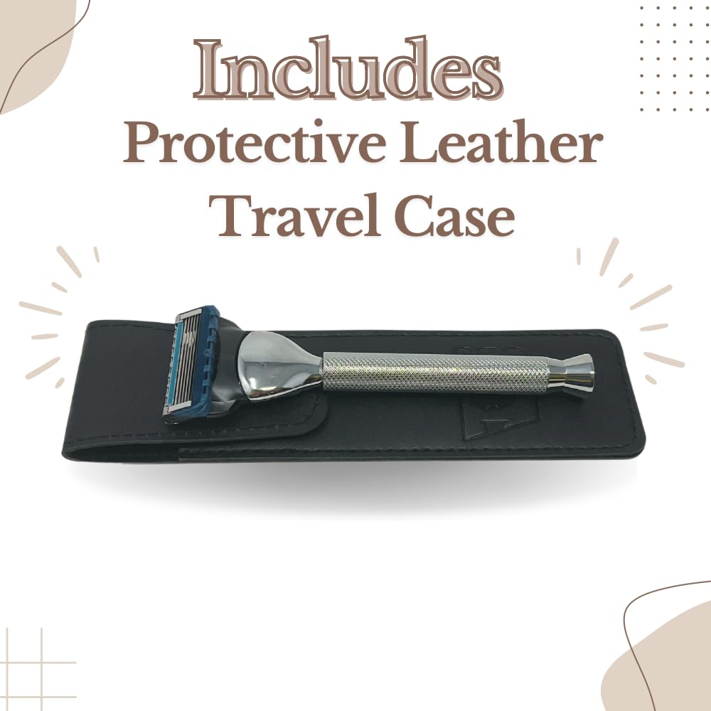 G.B.S Rasoir ergonomique à manche long et élégant avec étui de protection en cuir pour voyage, chromé