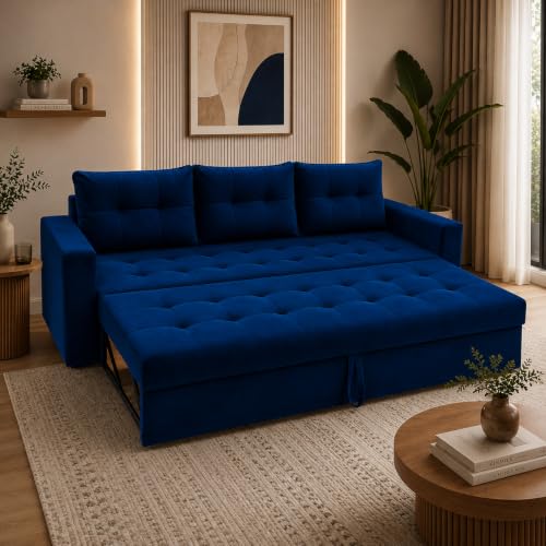 Image of FURNY Tressa 3 Seater Fabric Pull-Out Sofa Cum Bed Function (Dark Blue) | Luxury Velvet Suede Finish | Durable Comfort Sofa Bed for Modern Living Room & Office Spaces