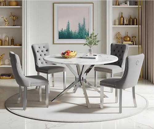 Image of 5-Piece Round Dining Table Set for 4, Modern Faux Marble Kitchen Table and Grey Velvet Chairs Set of 4, Luxury 45 inch Circle White Silver Dining Room Tables with Stainless Steel Cross Legs