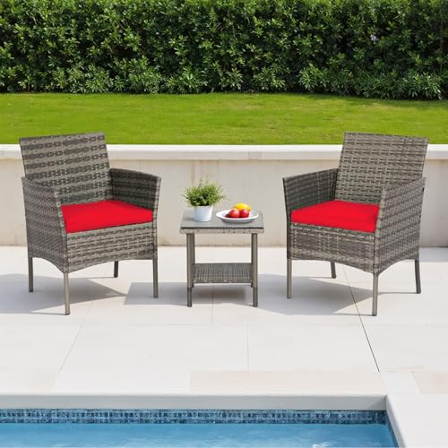 Image of FDW 3-Piece Patio Furniture Set | Gray & Red | Outdoor Wicker Furniture