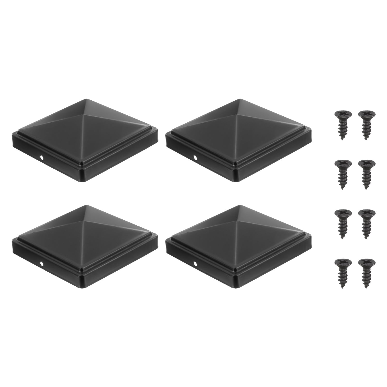 sourcing map 102 x 102mm Pyramid Post Cap, 4Pcs Galvanized Steel Fence Post Cover with Screws for Wood/Metal Fence Posts, Mailbox Pyramid Cover, Outdoor, Garden, Decks, Black