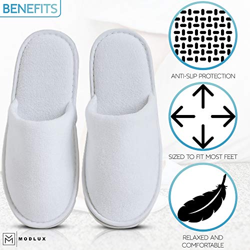 Modlux Spa Slippers - 12 Pairs Of Cotton Velvet Closed Toe Slippers W/Travel Bags – Thick, Soft, Non-Slip, Disposable Slippers – 6 Medium/6 Large - Home, Hotel, Or Commercial Use (12 Pack Combo White) #TOP5