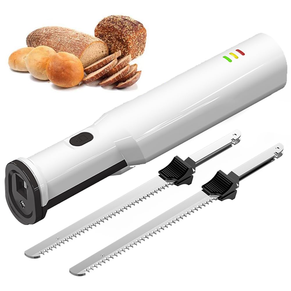 Coltello Elettrico per Carne, Coltello per Pane, Coltello per Affettare Carne a Batteria Coltello per Pane con 2 Lame Seghettate in Acciaio Inossidabile da 8" e Rilascio del Grilletto con Blocco di