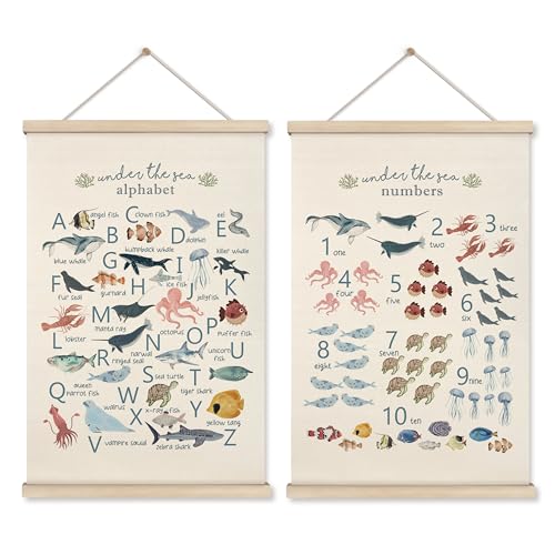 Image of HRQKO Ocean Alphabet Poster Hanger Frame Set of 2, Ocean Nursery Decor, Sea Animal Wall Decor, ABC Poster Art with Wooden Frames, Alphabet Banner Wall Hanging Decor for Playroom Kids Room, 16x24 Inch