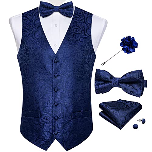 Image of DiBanGu Mens Paisley Suit Waistcoat,Silk Dress Vest and Bowtie Pocket Square Cufflinks with Lapel Pin Set for Wedding Tuxedo