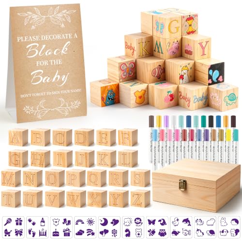 118PCS Baby Shower Games Kit with 52 Wooden Blocks 24Acrylic Paint Markers Wooden Box Sign and 40 Templates to Paint Blocks Suitable for Baby Shower Gender Reveals Party Birthday(Kraft)