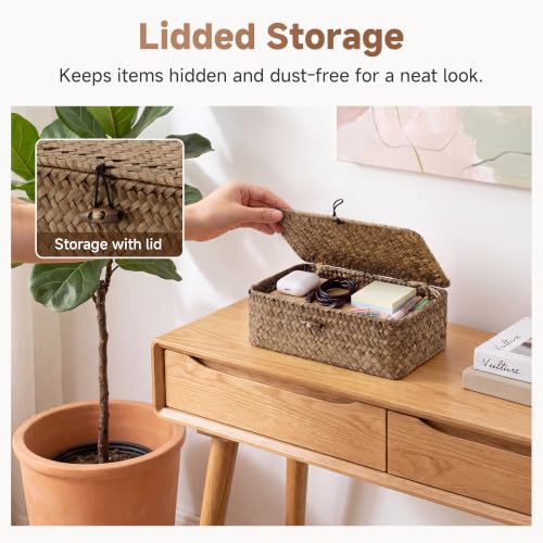 Image of StorageWorks Wicker Basket with Lid, Storage Baskets with Lids, Brown | Woven Baskets with Lids for Shelves, Wicker Storage Baskets with Lids, Lidded Baskets for Organizing, Extra Small, 1 Pack