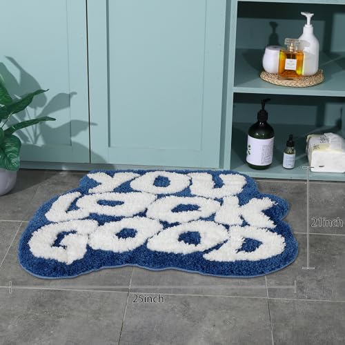 Image of TOIVO You Look Good Bath Mat - Stylish Funny Pink Bathroom Rug with Cute Words, Absorbent & Non-Slip - 25x21 inch (Blue)