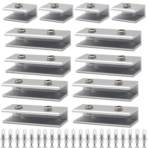 Abrazadera para Vidrio 12 Piezas Soporte Estante Cristal Abrazadera de Aleación de Aluminio Abrazaderas de Vidrio de 8 a 10mm Pinza Cristal para Escalera Baño Balcón (4Solo+8Doble Orificio)
