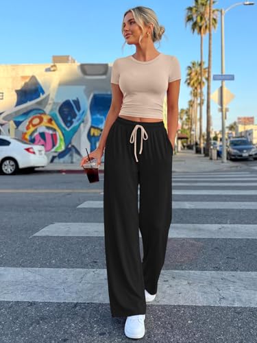 Image of Trendy Queen 2 Piece Matching Summer Lounge Set Womens Side Ruching Top Wide Leg Pants Sets with Pockets