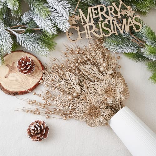 24 Pack Christmas Tree Ornaments - Artificial Flowers Glitter Berry Stems Christmas Floral Picks Branches for Xmas Tree Decorations Vase Filler Holiday Wedding Party Home Decor (Champagne) - image 3