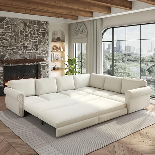 Image of KCGKCG 118 inch Sleeper Sofa Bed, Sectional Couches for Living Room /Apartment, Chenille L Shaped Couch with Pull Out Couch Bed, Convertible Sectional Sofa with Rolled Arm & Nailhead Trim, Beige