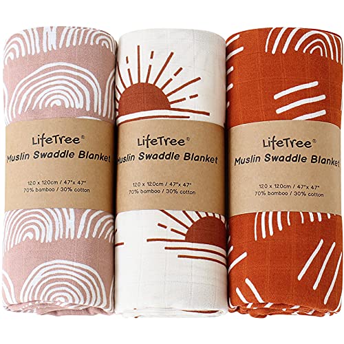 LifeTree Pack de 3 Mantas Muselinas Bebe, Muselina Bebe de Bambú Algodon 120x120 cm, Súper Suave Mantas Envolventes de Muselina